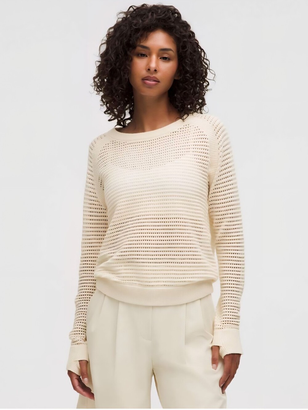 Lululemon Pointelle Knit Sweater Jumper Womens XS Ivory Pullover Crew Neck